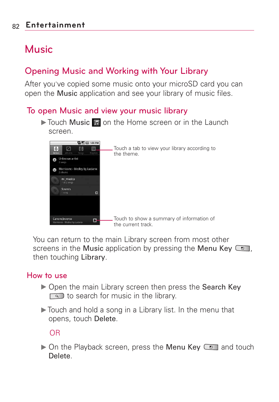 Music, Opening music and working with your library, Entertainment | How to use | LG Optimus MS690 User Manual | Page 84 / 314