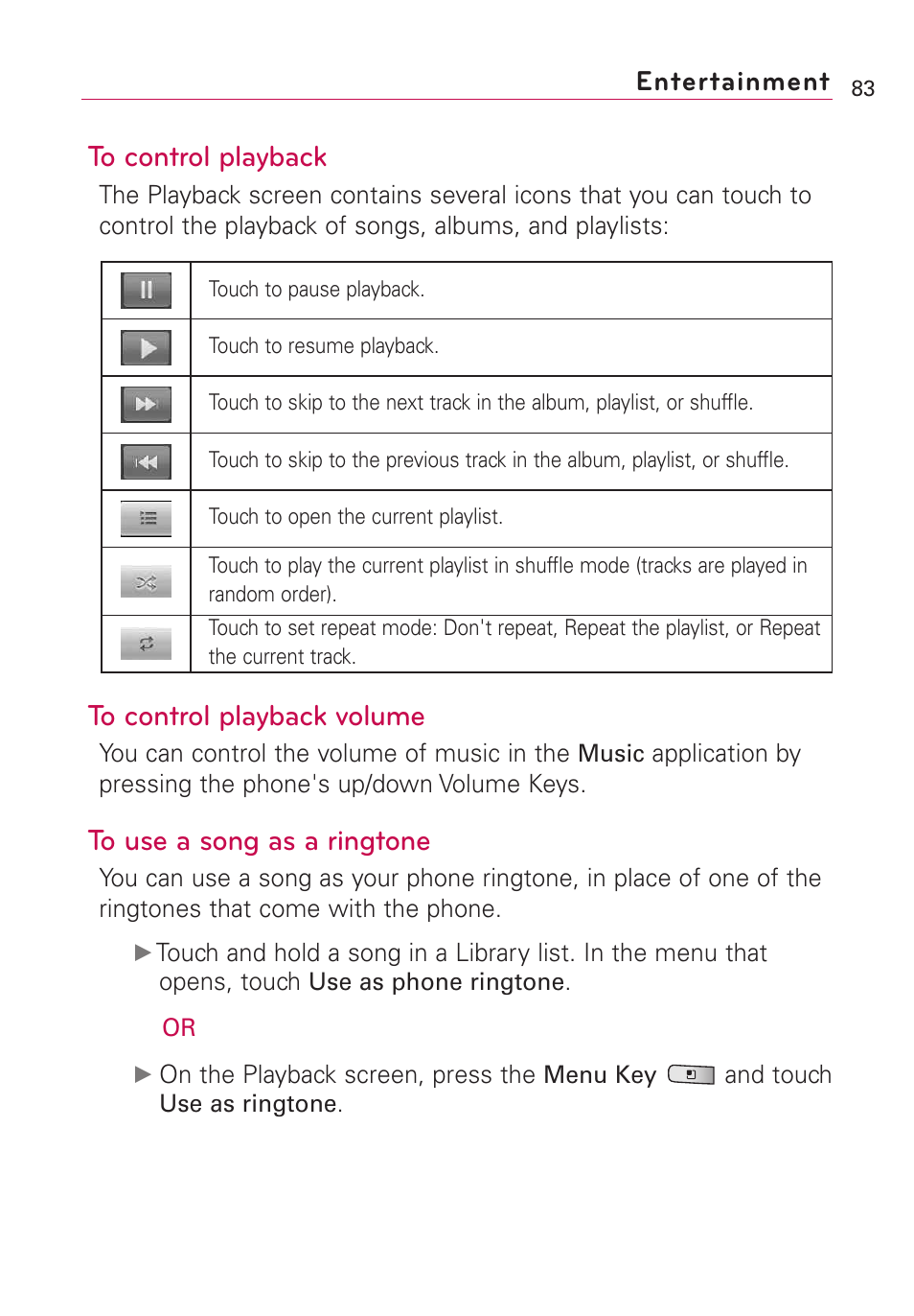 Entertainment | LG Optimus MS690 User Manual | Page 85 / 314