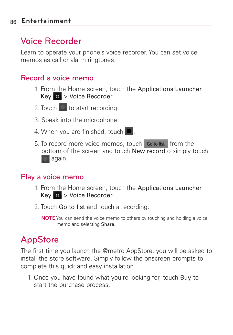 Voice recorder, Appstore | LG Optimus MS690 User Manual | Page 88 / 314