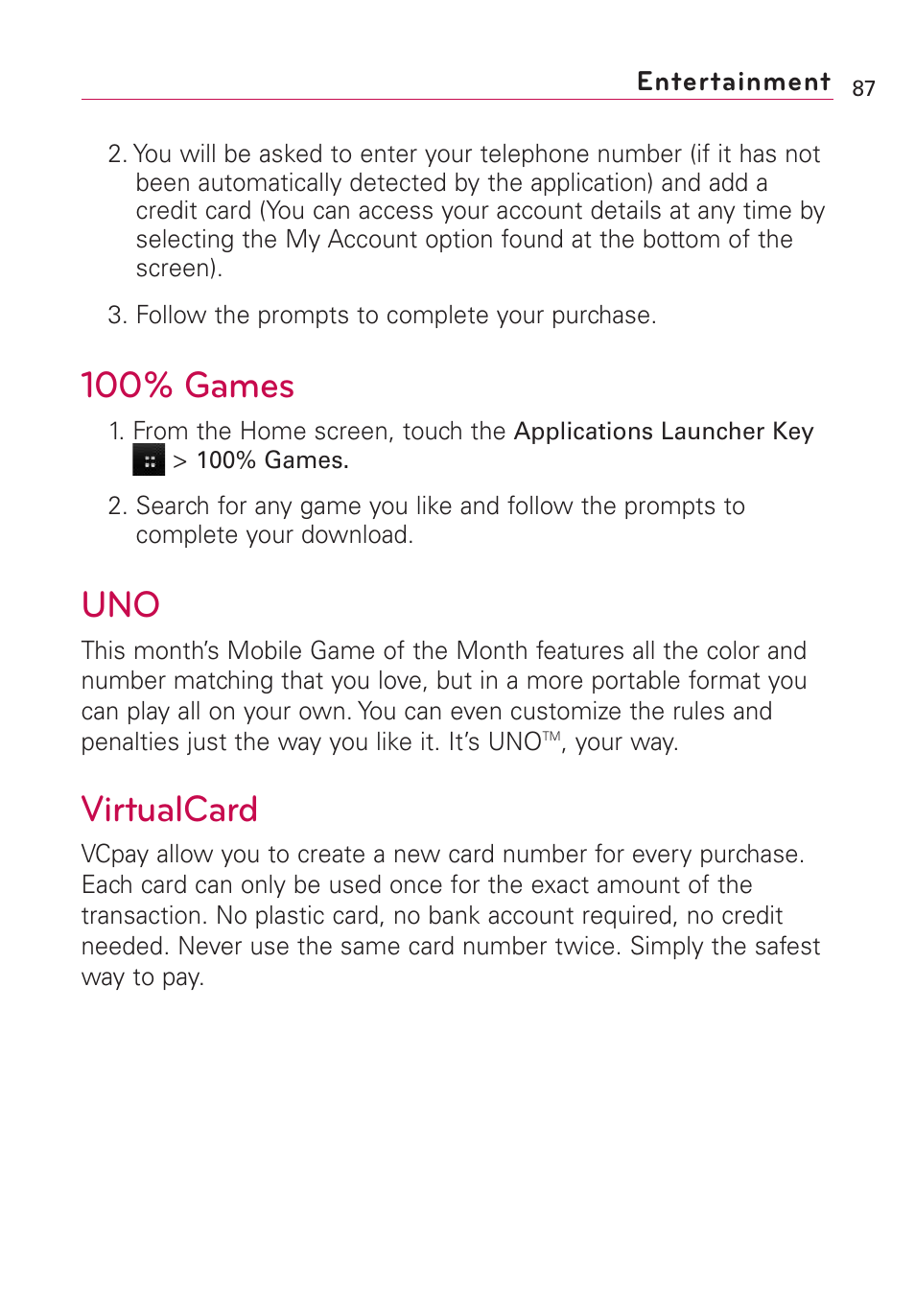 100% games, Virtualcard | LG Optimus MS690 User Manual | Page 89 / 314