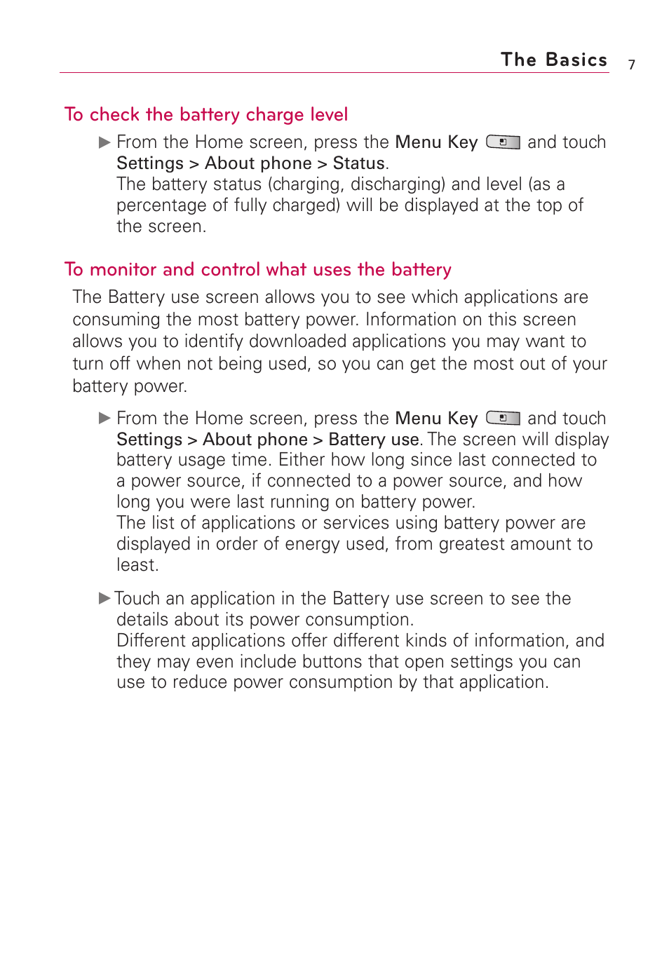 The basics to check the battery charge level | LG Optimus MS690 User Manual | Page 9 / 314