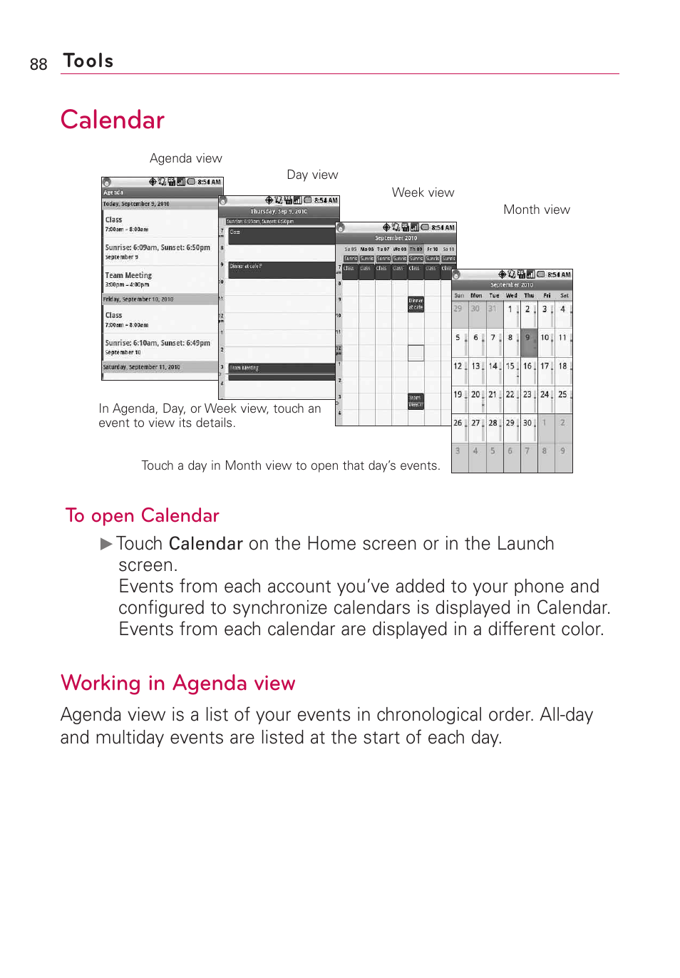 Tools, Calendar, Working in agenda view | LG Optimus MS690 User Manual | Page 90 / 314