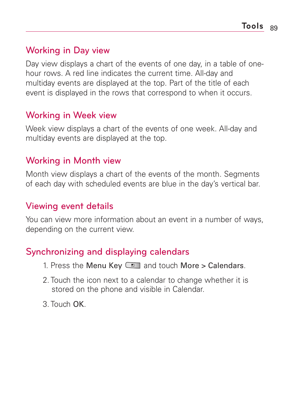 Working in day view, Working in week view, Working in month view | Viewing event details, Synchronizing and displaying calendars | LG Optimus MS690 User Manual | Page 91 / 314