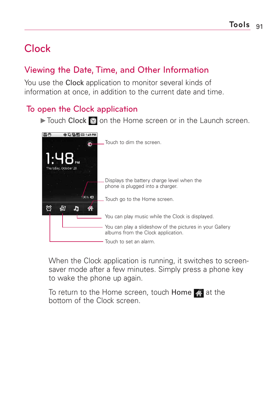 Clock, Viewing the date, time, and other information, Tools | LG Optimus MS690 User Manual | Page 93 / 314