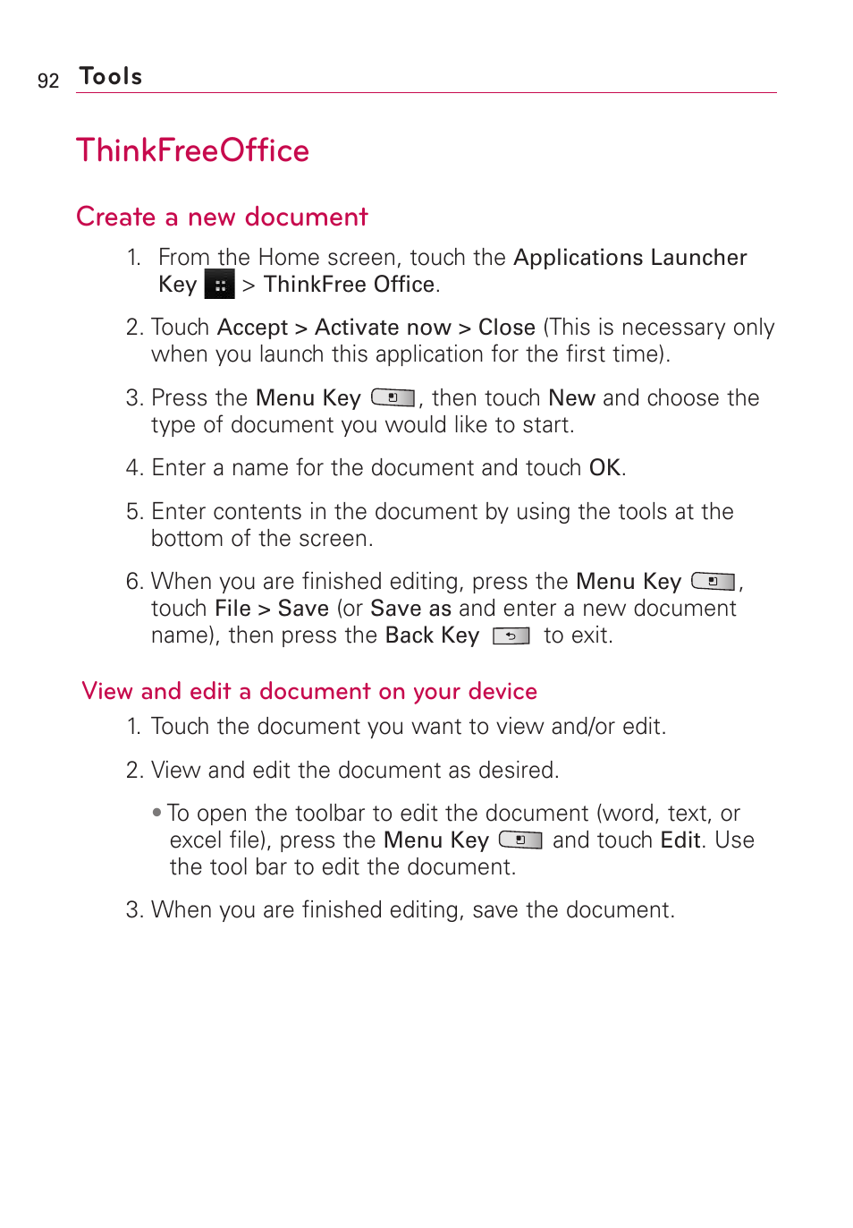 Thinkfreeoffice, Create a new document | LG Optimus MS690 User Manual | Page 94 / 314