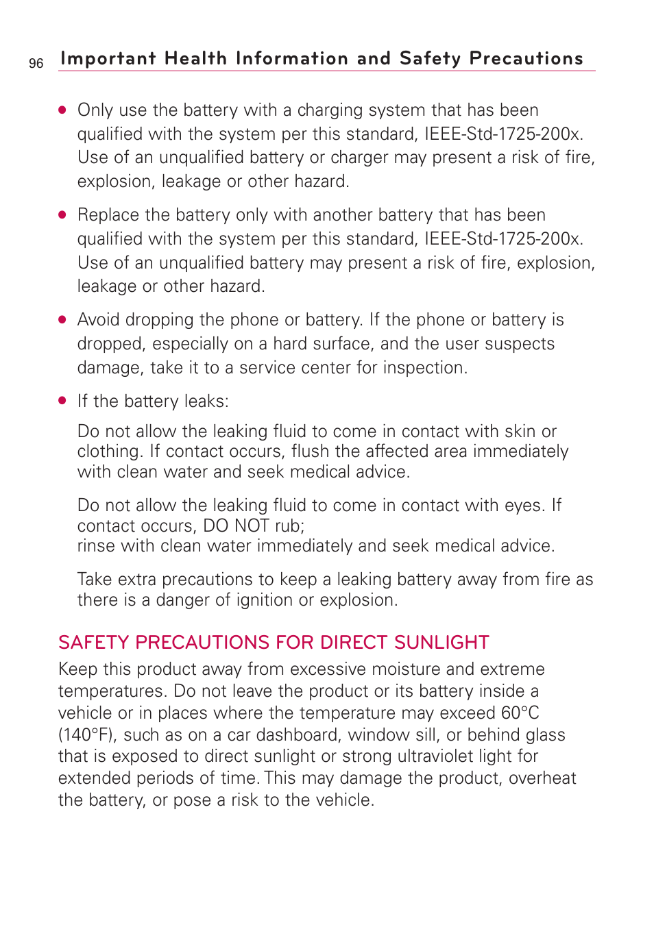 Safety precautions for direct sunlight | LG Optimus MS690 User Manual | Page 98 / 314