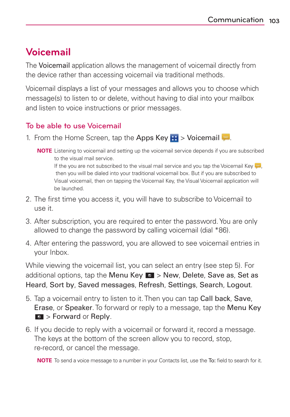 Voicemail, Communication | LG VS840 User Manual | Page 105 / 222