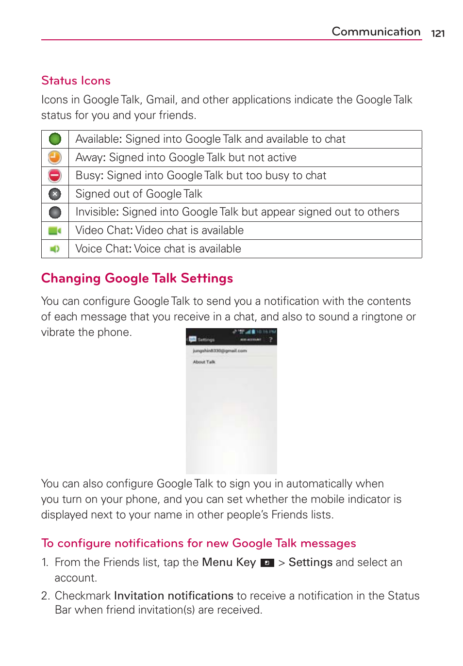 Changing google talk settings | LG VS840 User Manual | Page 123 / 222