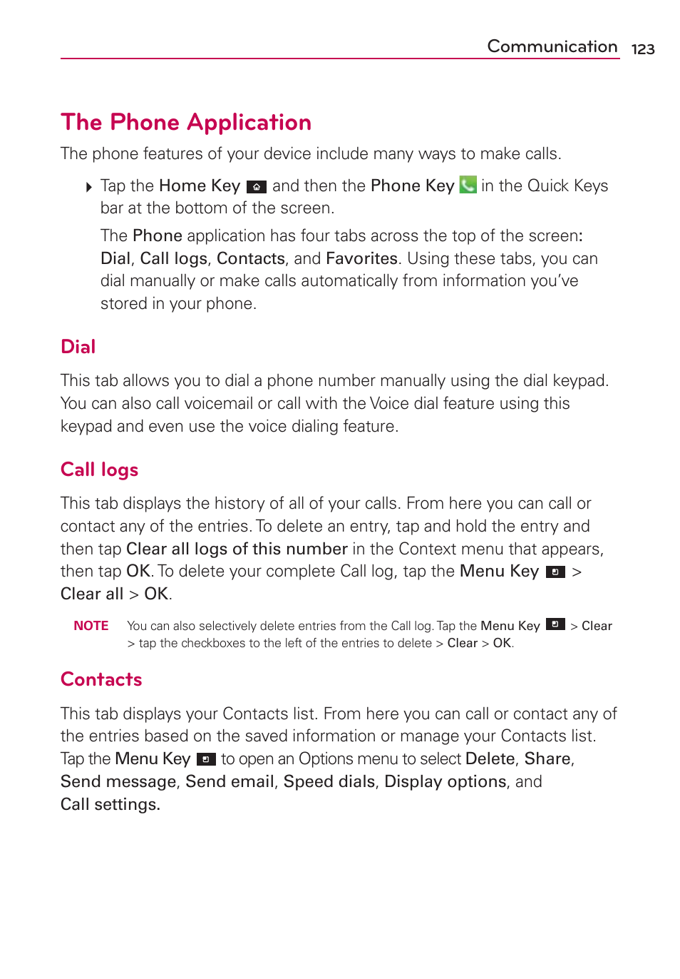 The phone application, Dial, Call logs | Contacts | LG VS840 User Manual | Page 125 / 222
