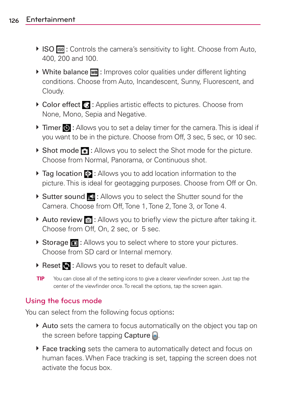 Entertainment, Using the focus mode | LG VS840 User Manual | Page 128 / 222