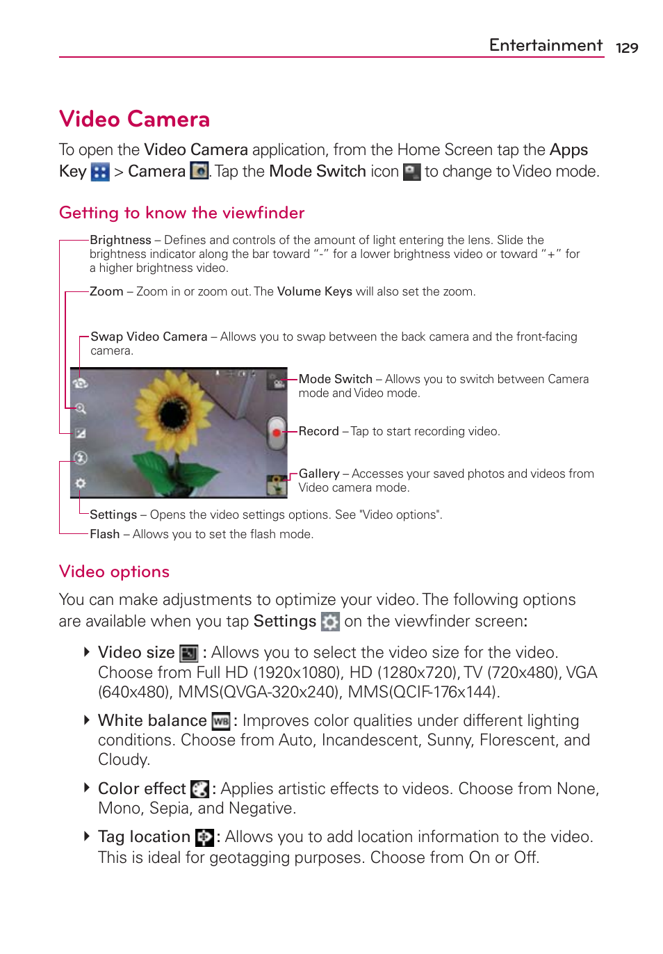 Video camera, Entertainment, Getting to know the viewﬁnder | Video options | LG VS840 User Manual | Page 131 / 222