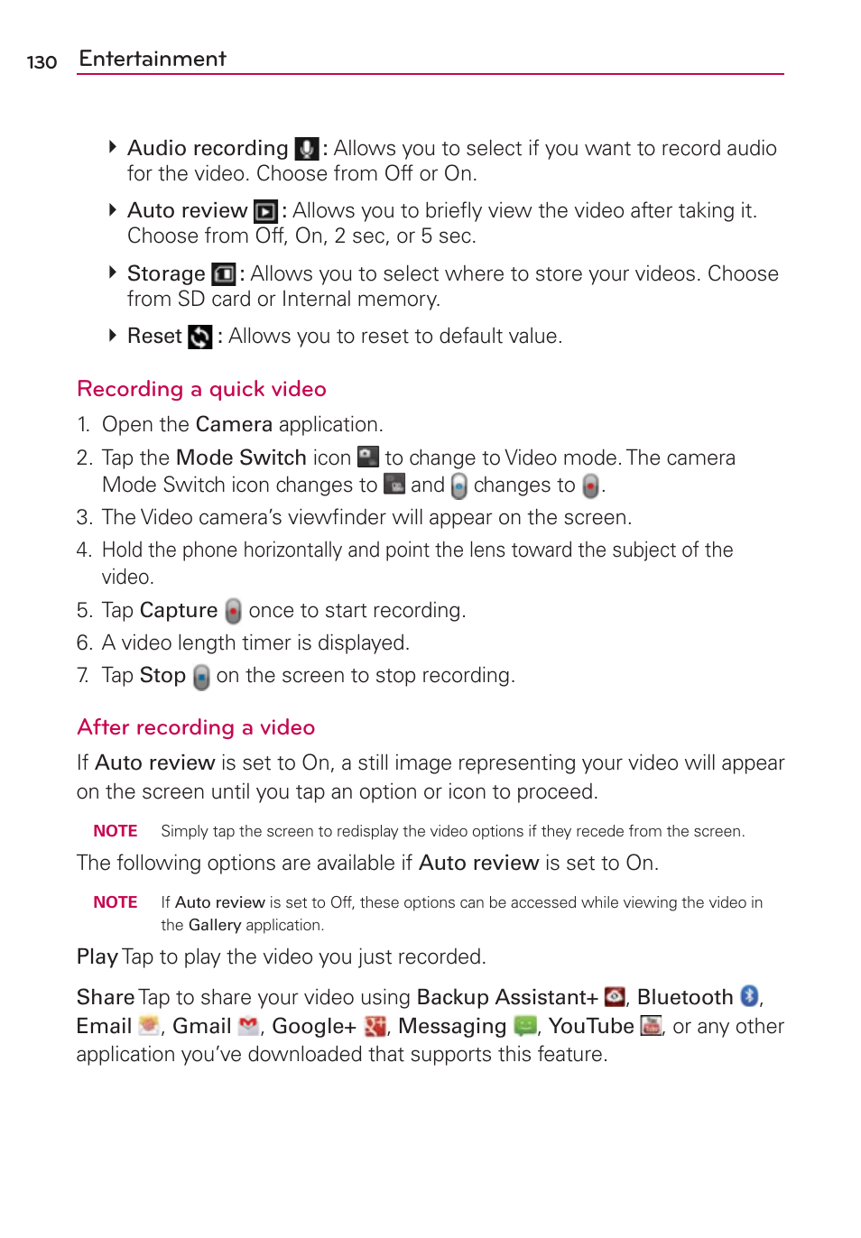 Entertainment, Recording a quick video, After recording a video | LG VS840 User Manual | Page 132 / 222