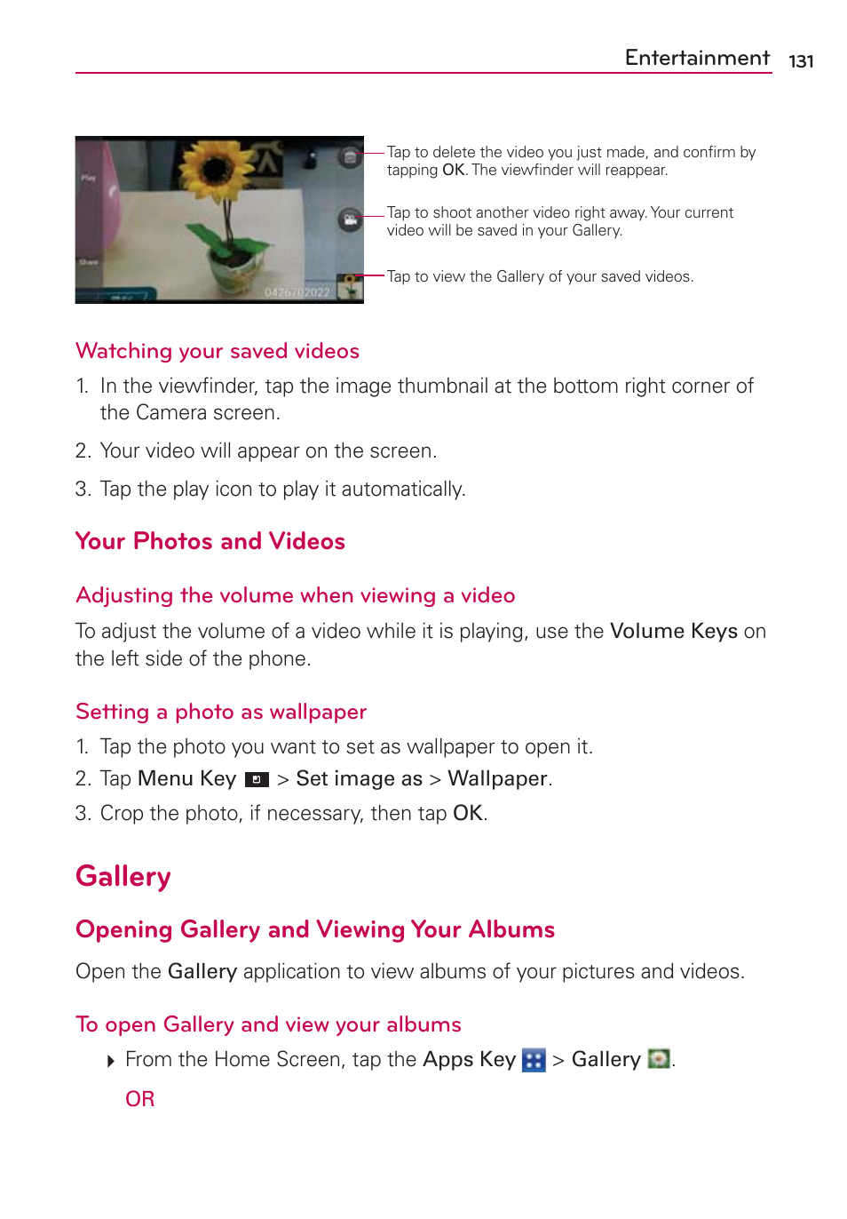 Gallery, Your photos and videos, Opening gallery and viewing your albums | LG VS840 User Manual | Page 133 / 222