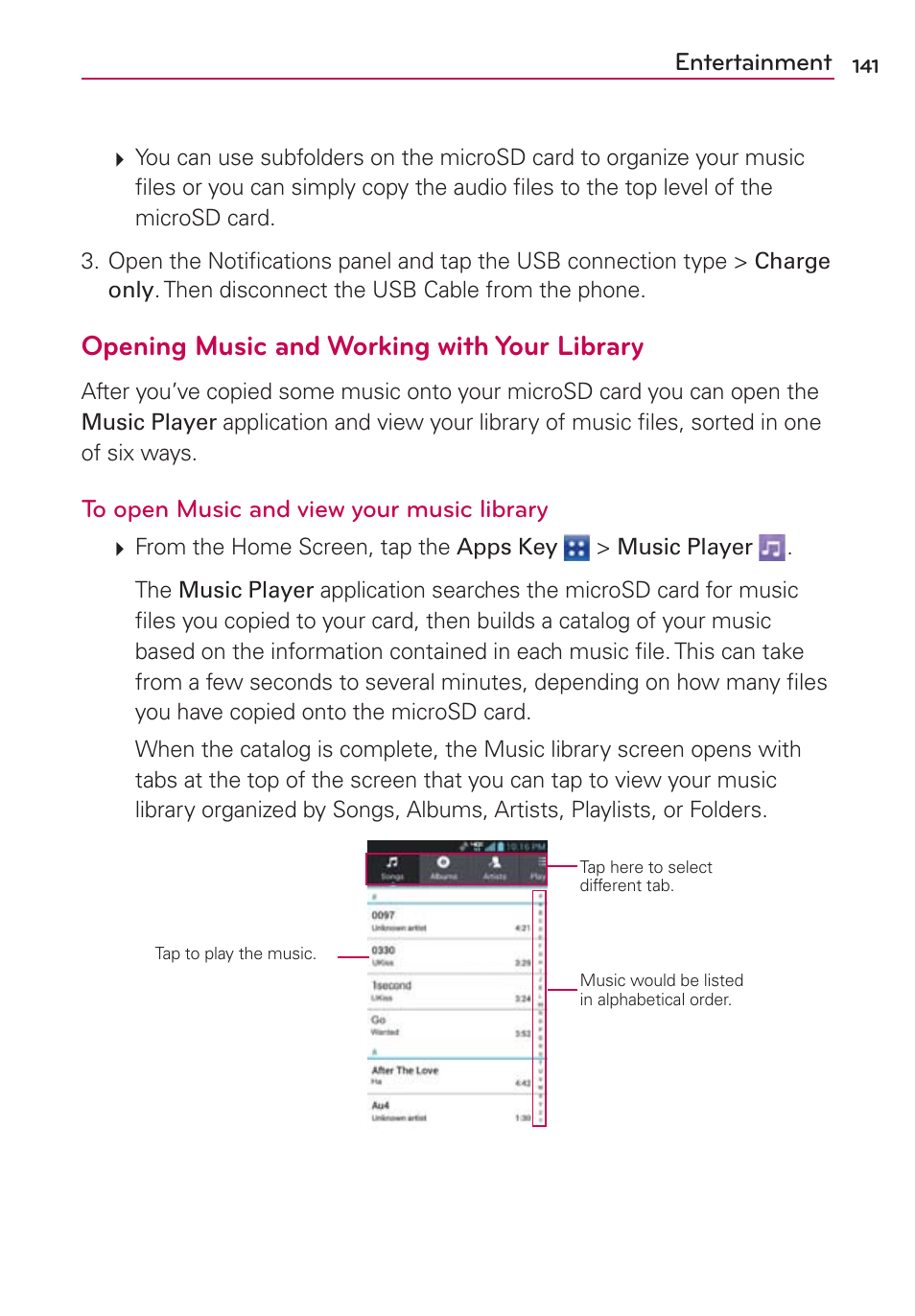 Opening music and working with your library | LG VS840 User Manual | Page 143 / 222
