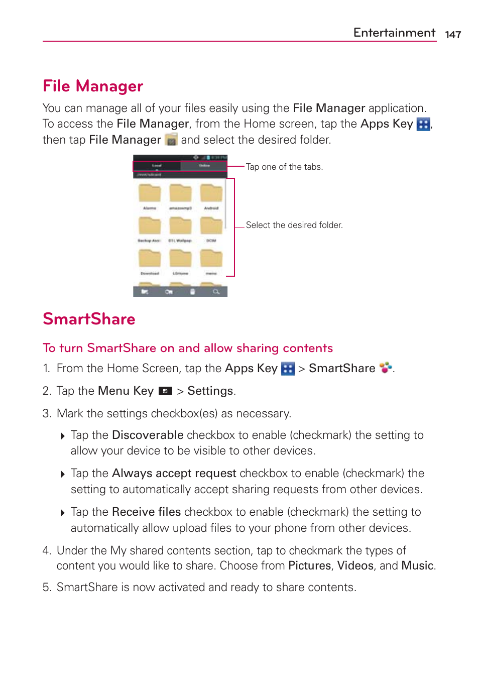 File manager, Smartshare | LG VS840 User Manual | Page 149 / 222