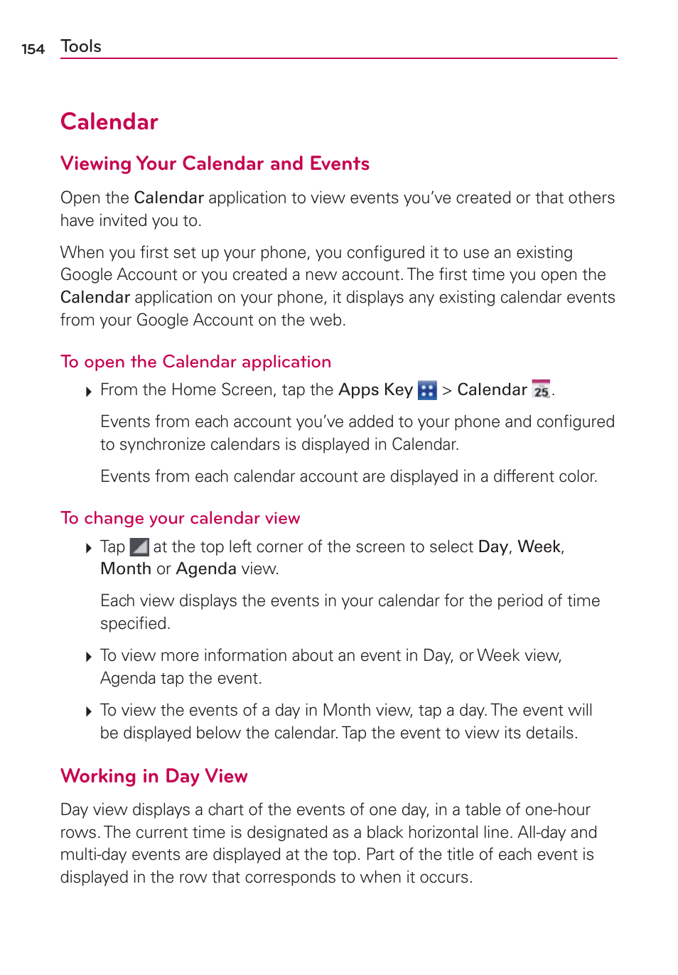 Calendar, Viewing your calendar and events, Working in day view | LG VS840 User Manual | Page 156 / 222