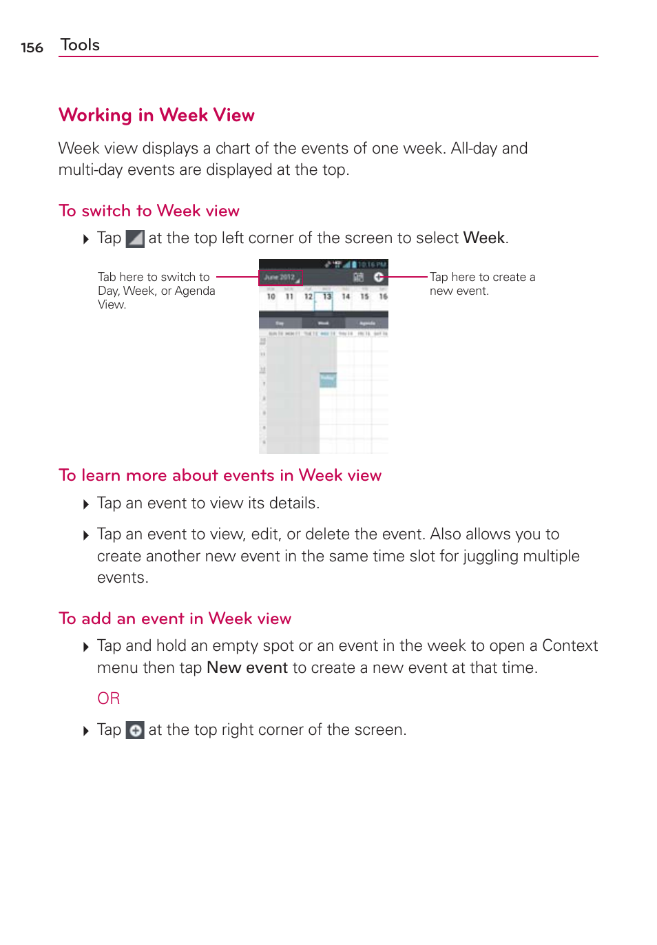 Working in week view | LG VS840 User Manual | Page 158 / 222