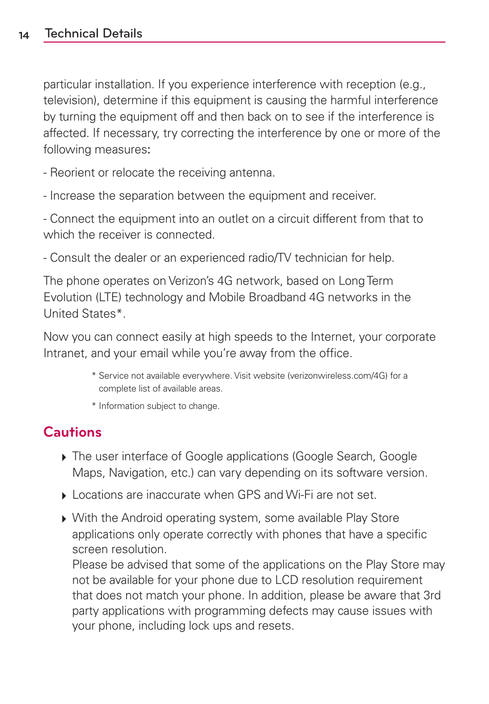 Cautions, Technical details | LG VS840 User Manual | Page 16 / 222