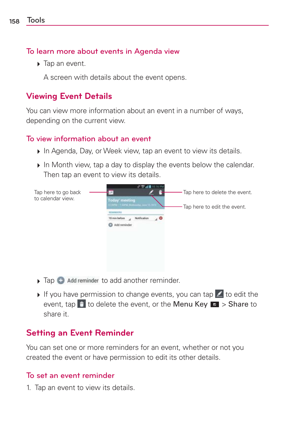 Viewing event details, Setting an event reminder | LG VS840 User Manual | Page 160 / 222