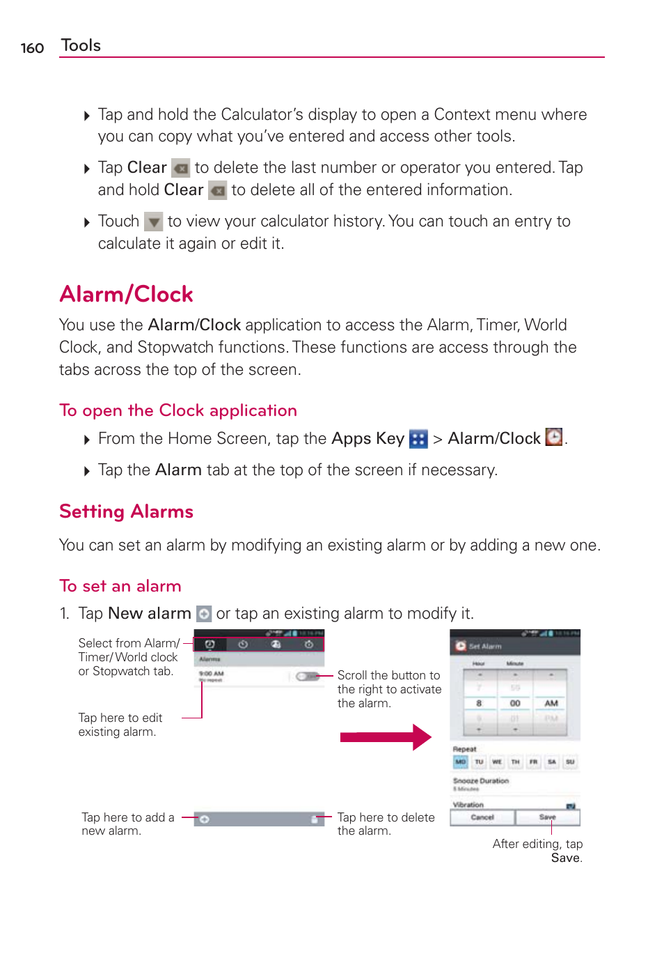 Alarm/clock, Setting alarms, Tools | LG VS840 User Manual | Page 162 / 222