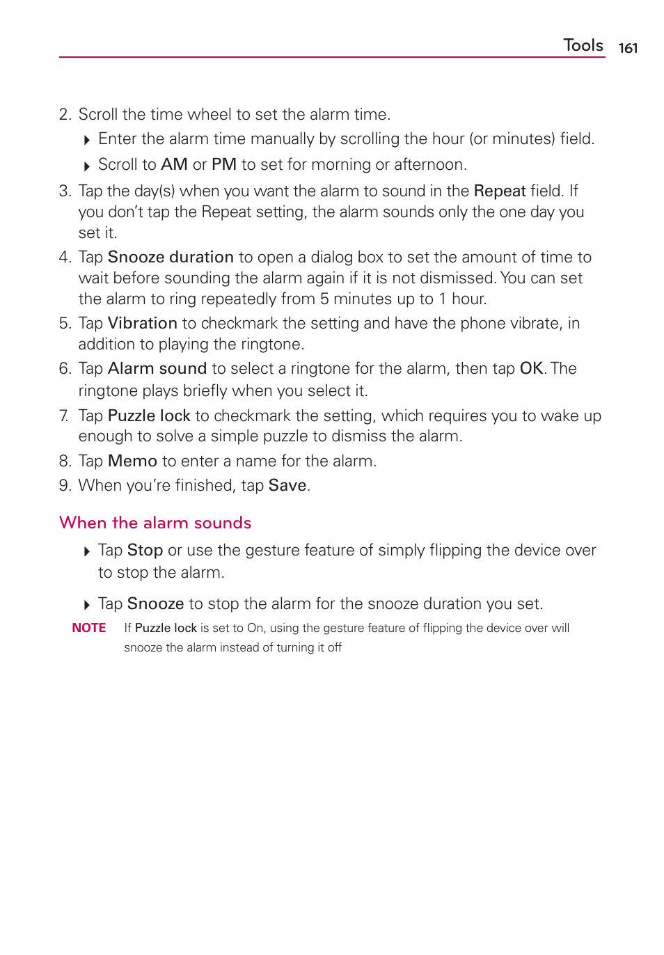 Tools, When the alarm sounds | LG VS840 User Manual | Page 163 / 222