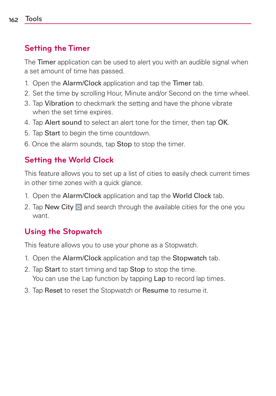 Setting the timer, Setting the world clock, Using the stopwatch | LG VS840 User Manual | Page 164 / 222