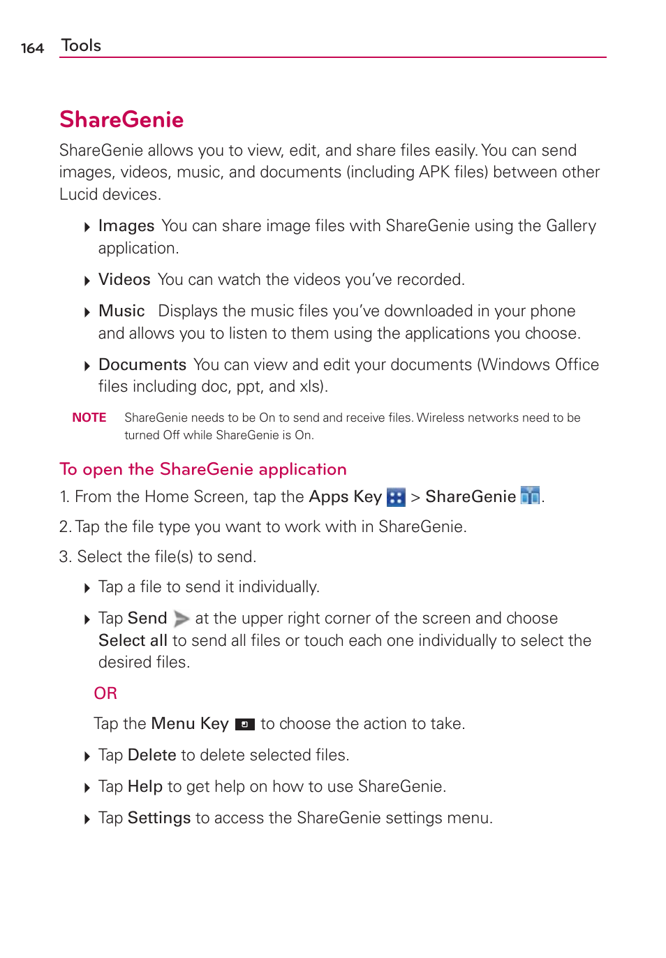 Sharegenie, Tools | LG VS840 User Manual | Page 166 / 222