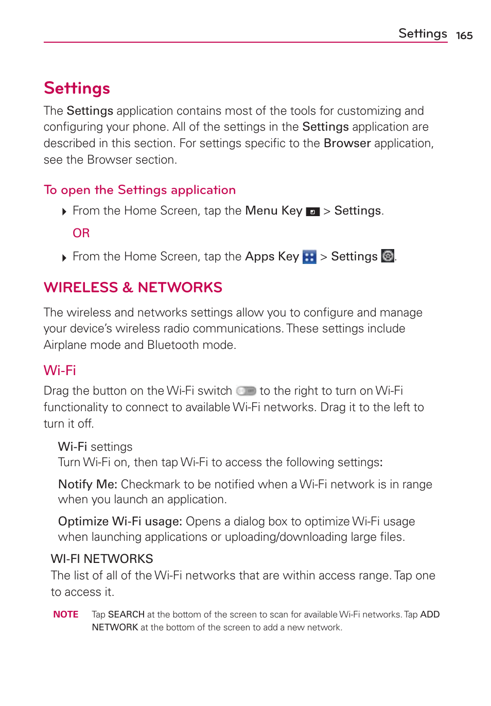 Settings, Wireless & networks | LG VS840 User Manual | Page 167 / 222