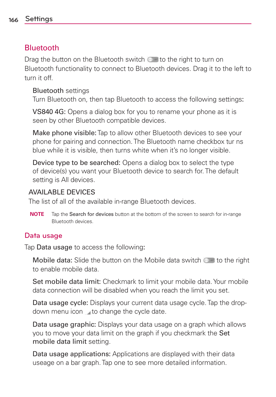 Settings bluetooth, Data usage | LG VS840 User Manual | Page 168 / 222