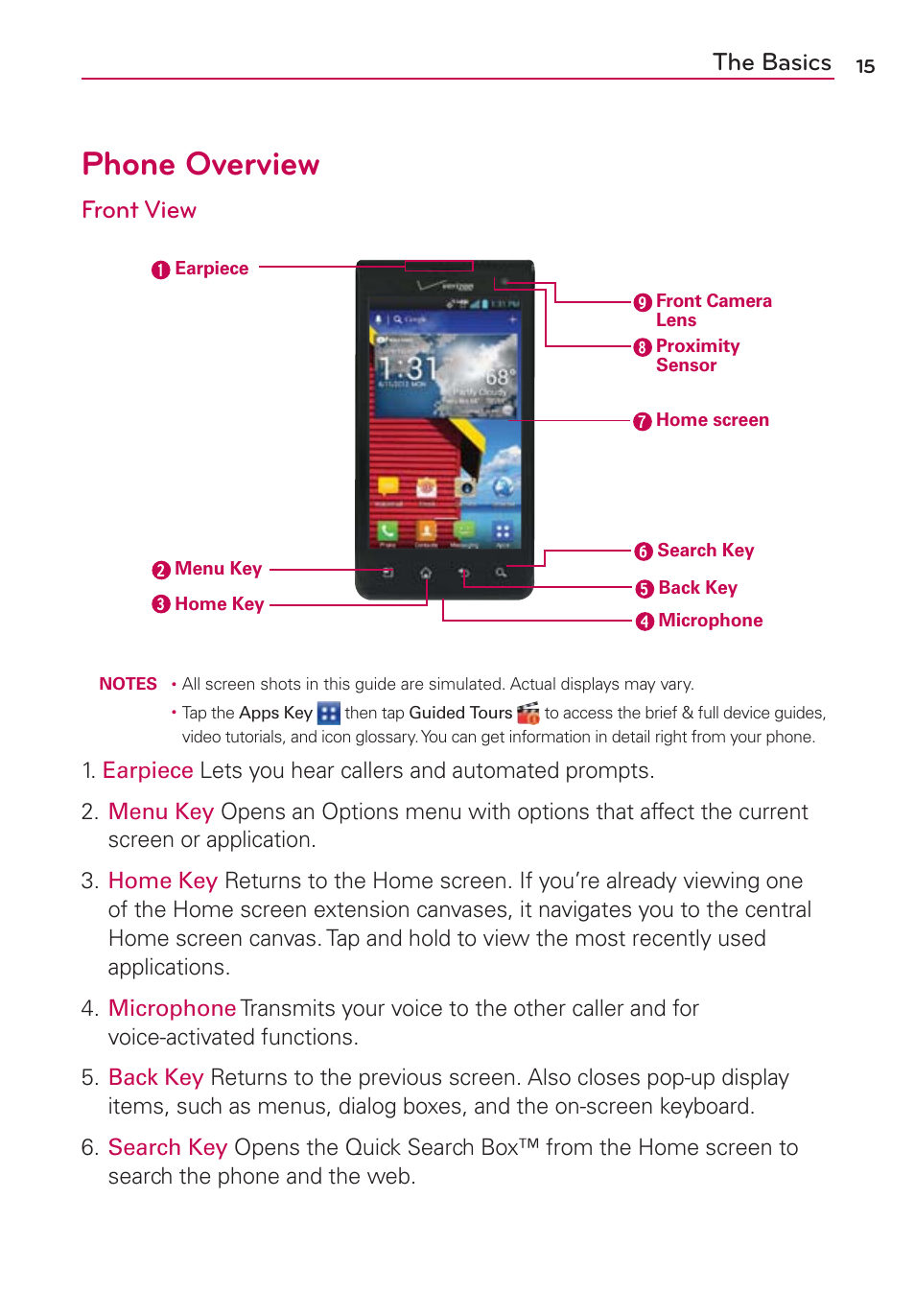 Phone overview, The basics, Front view | LG VS840 User Manual | Page 17 / 222