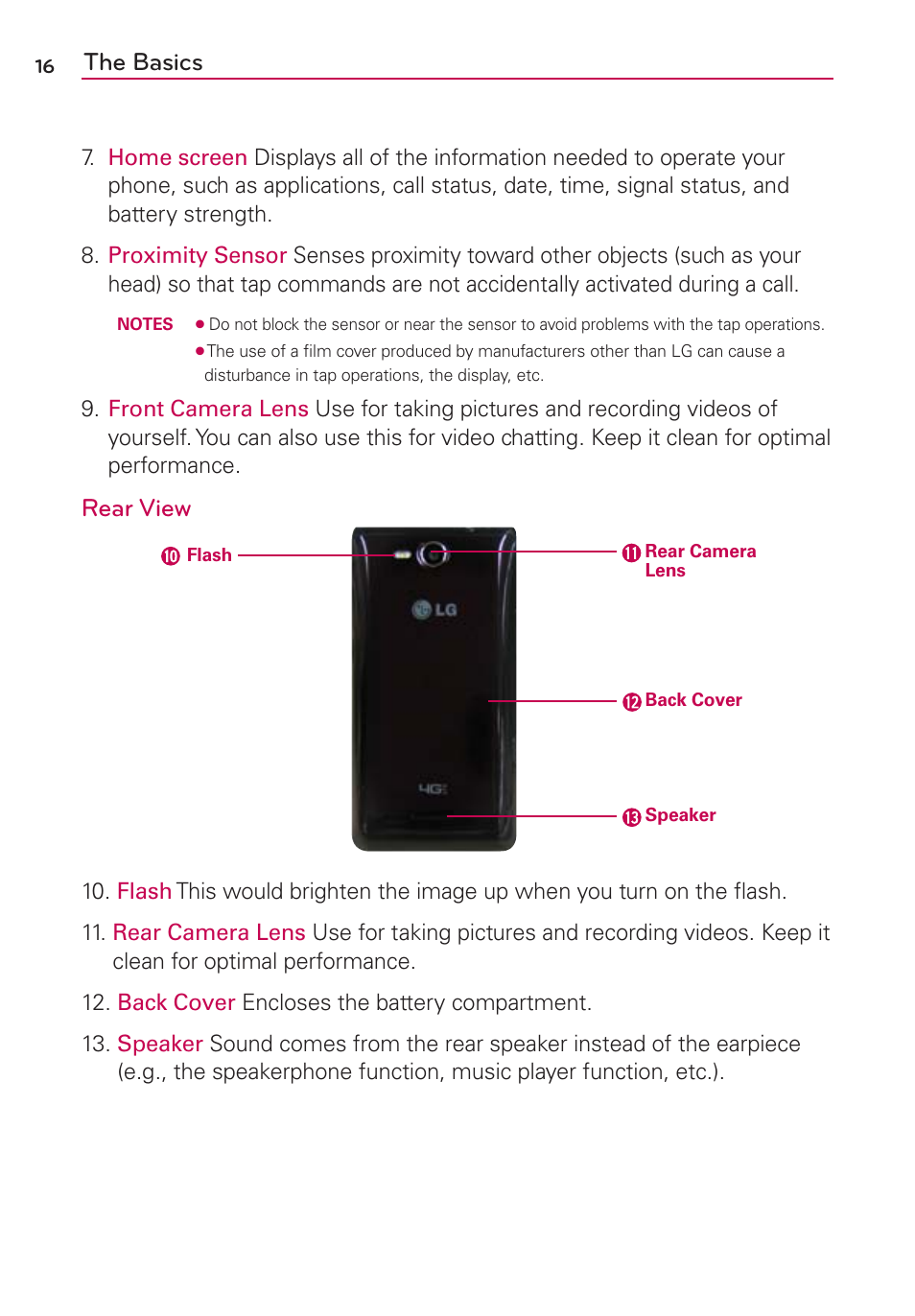 The basics, Rear view | LG VS840 User Manual | Page 18 / 222