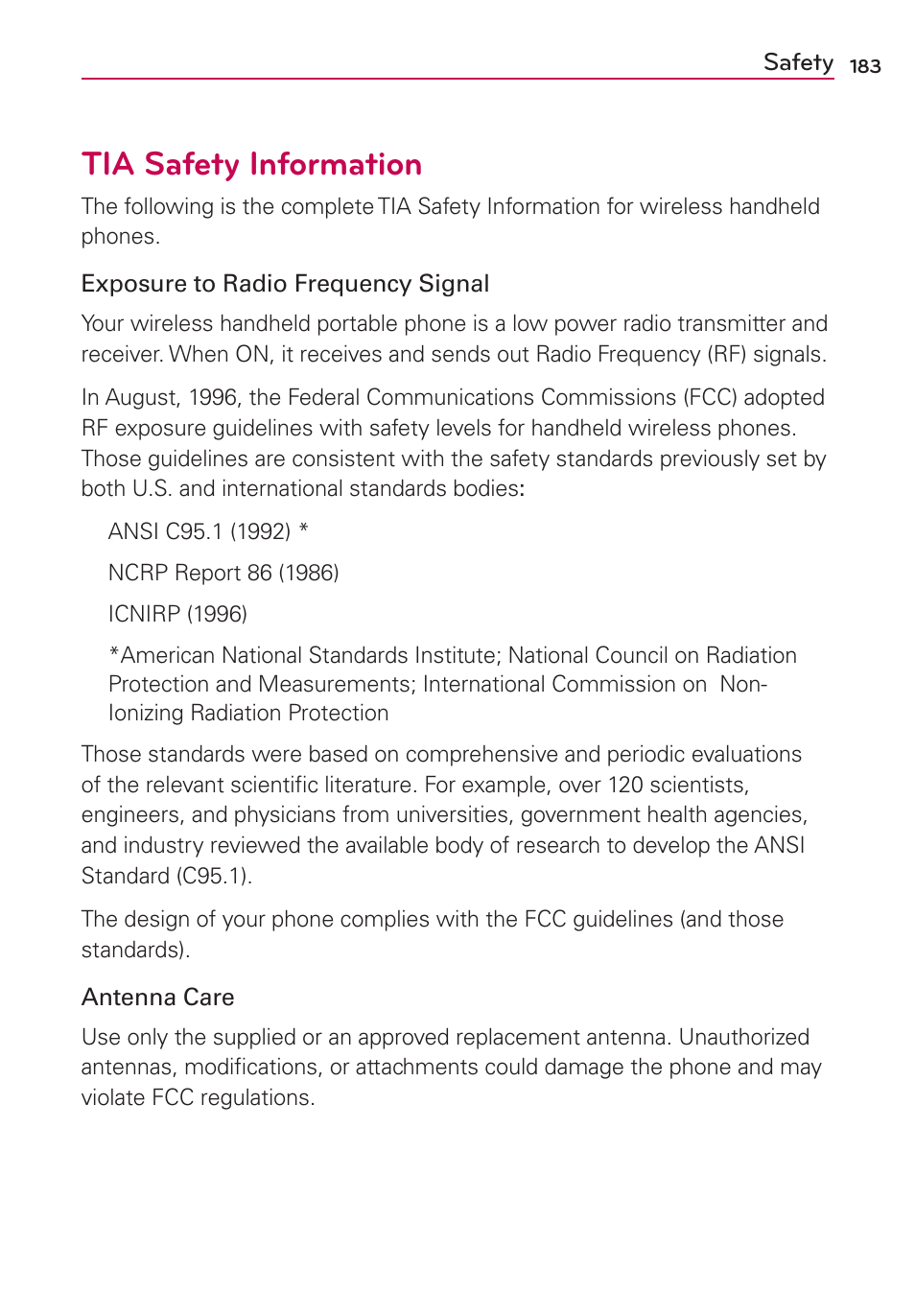 Tia safety information | LG VS840 User Manual | Page 185 / 222