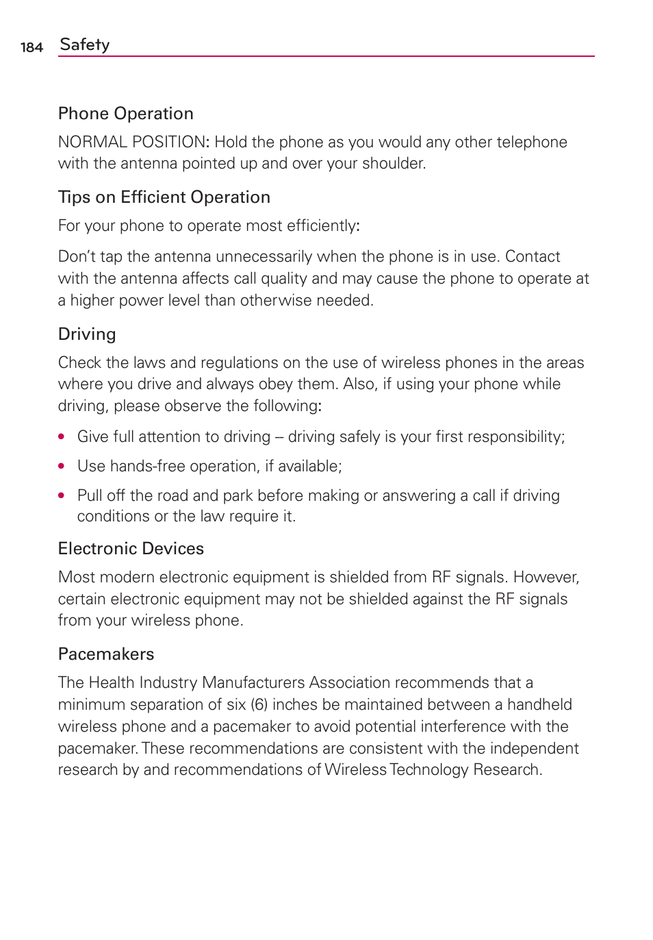 Safety | LG VS840 User Manual | Page 186 / 222