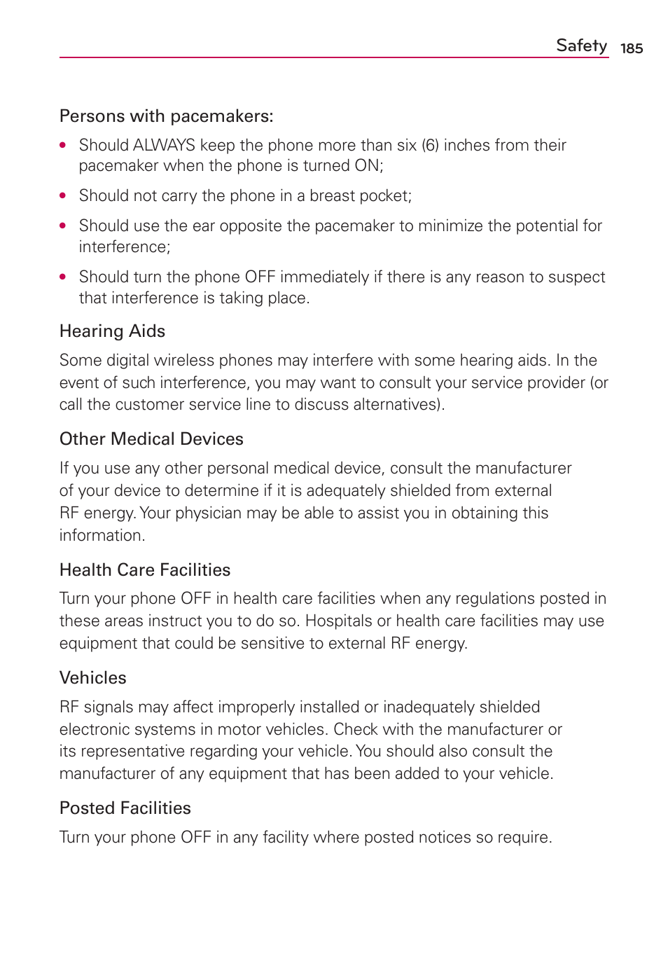 Safety | LG VS840 User Manual | Page 187 / 222