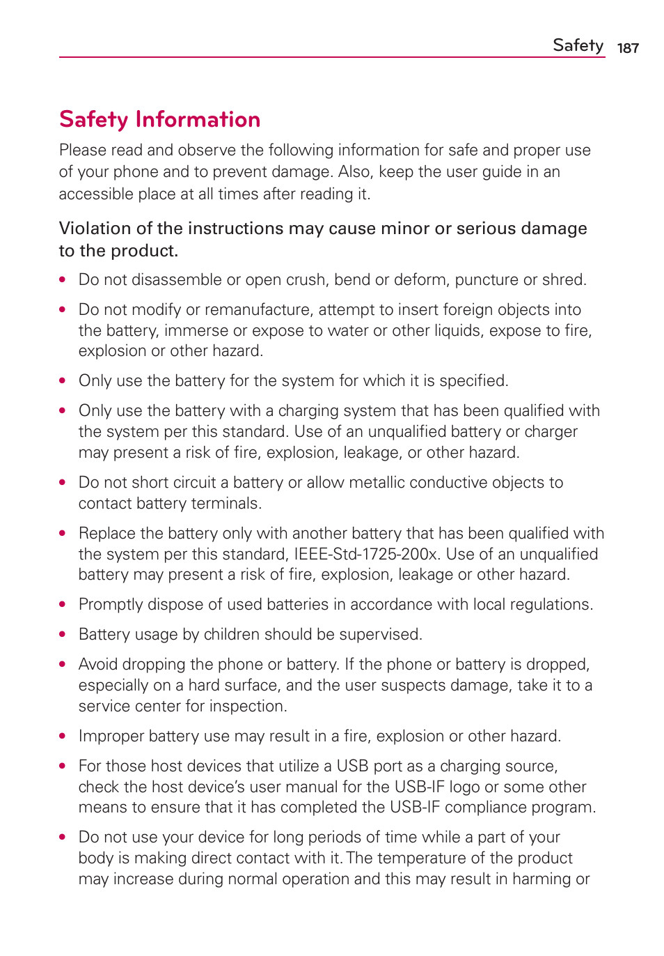 Safety information, Safety | LG VS840 User Manual | Page 189 / 222