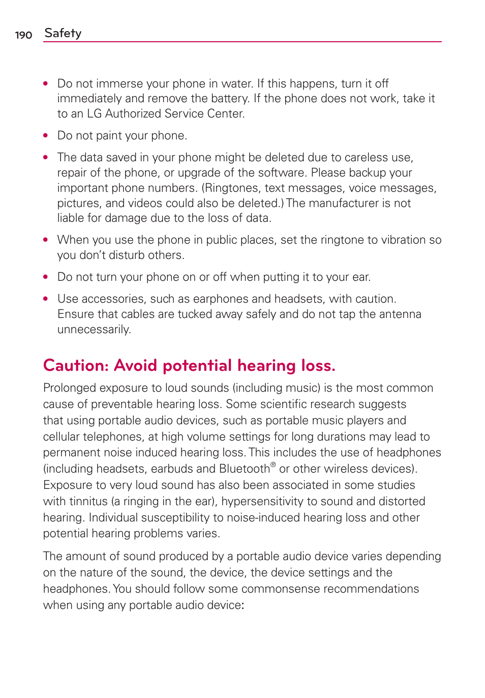 Caution: avoid potential hearing loss, Safety | LG VS840 User Manual | Page 192 / 222