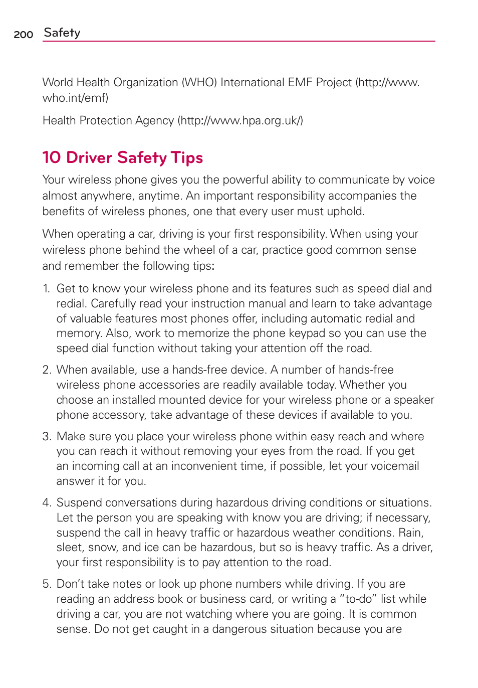 10 driver safety tips | LG VS840 User Manual | Page 202 / 222