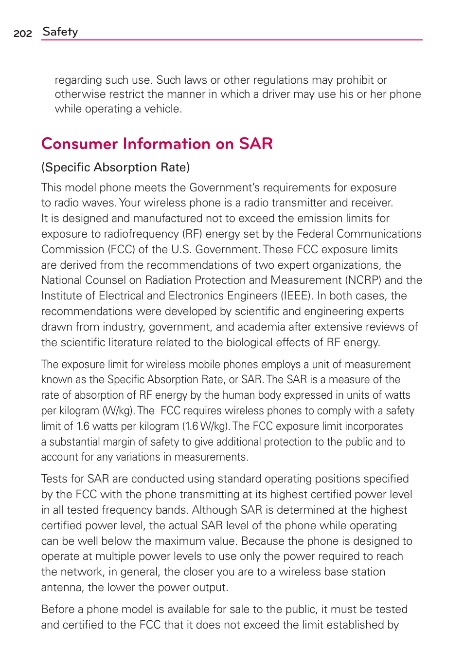 Consumer information on sar | LG VS840 User Manual | Page 204 / 222