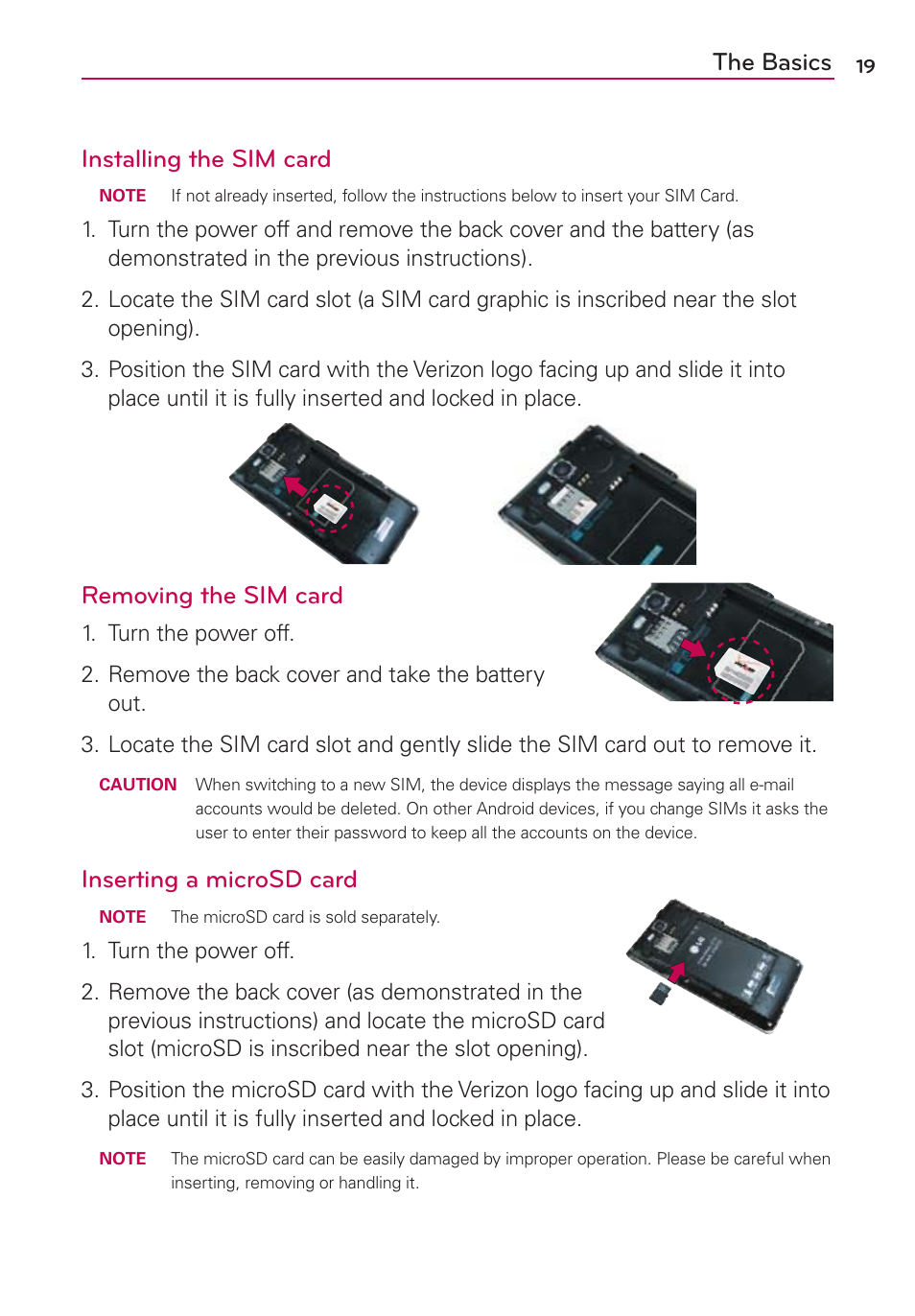 The basics installing the sim card, Removing the sim card, Inserting a microsd card | LG VS840 User Manual | Page 21 / 222