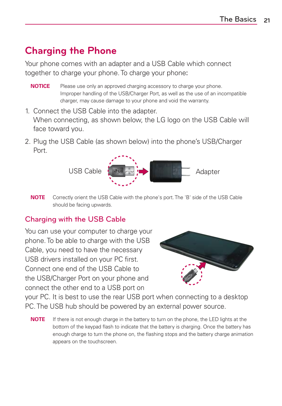 Charging the phone, The basics, Charging with the usb cable | LG VS840 User Manual | Page 23 / 222