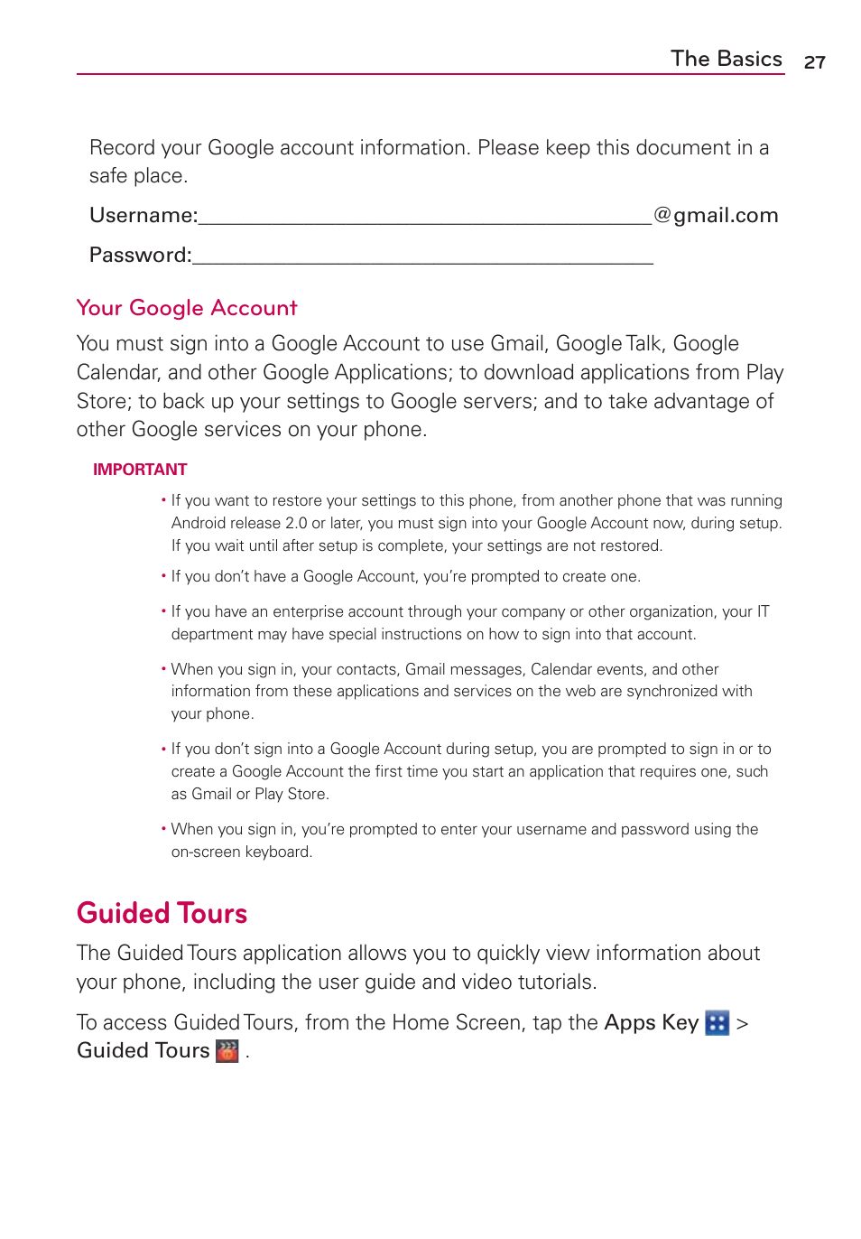 Guided tours, The basics, Your google account | LG VS840 User Manual | Page 29 / 222