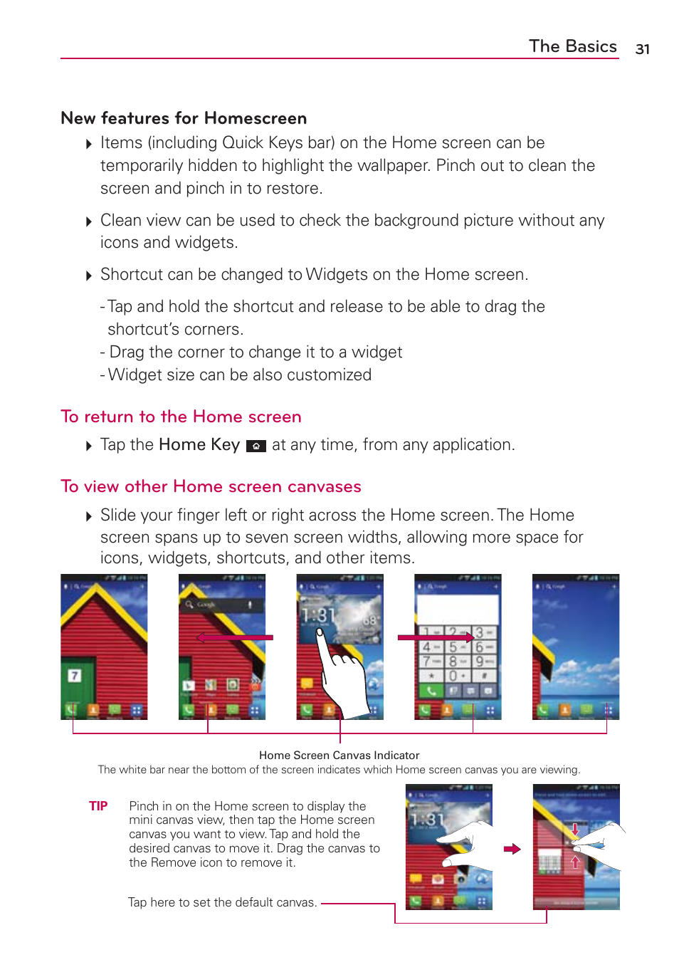 The basics new features for homescreen | LG VS840 User Manual | Page 33 / 222