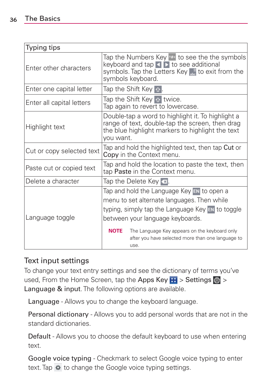 The basics, Text input settings | LG VS840 User Manual | Page 38 / 222