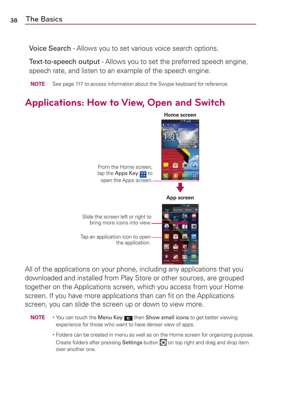 Applications: how to view, open and switch, The basics | LG VS840 User Manual | Page 40 / 222