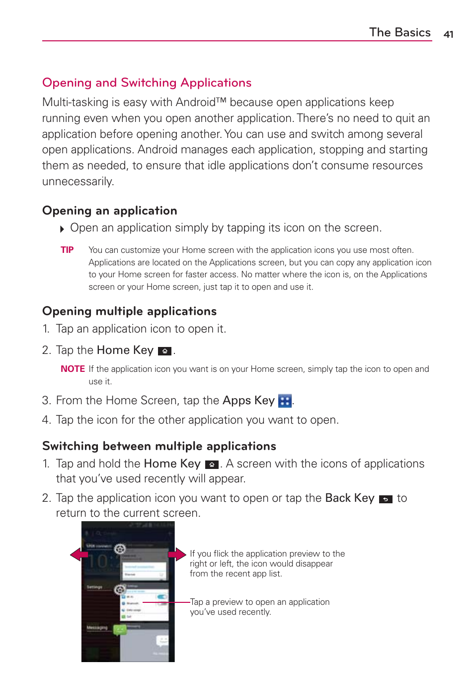 The basics opening and switching applications, Opening an application, Opening multiple applications | Switching between multiple applications | LG VS840 User Manual | Page 43 / 222