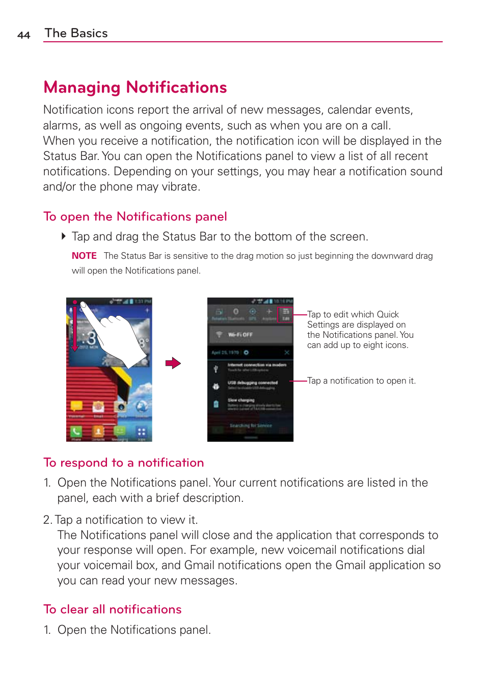 Managing notiﬁcations | LG VS840 User Manual | Page 46 / 222