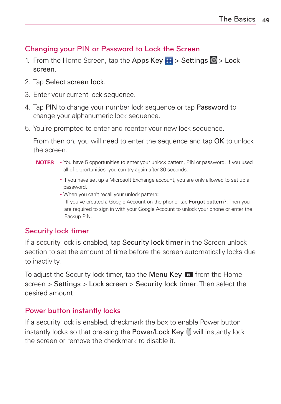 Security lock timer, Power button instantly locks | LG VS840 User Manual | Page 51 / 222