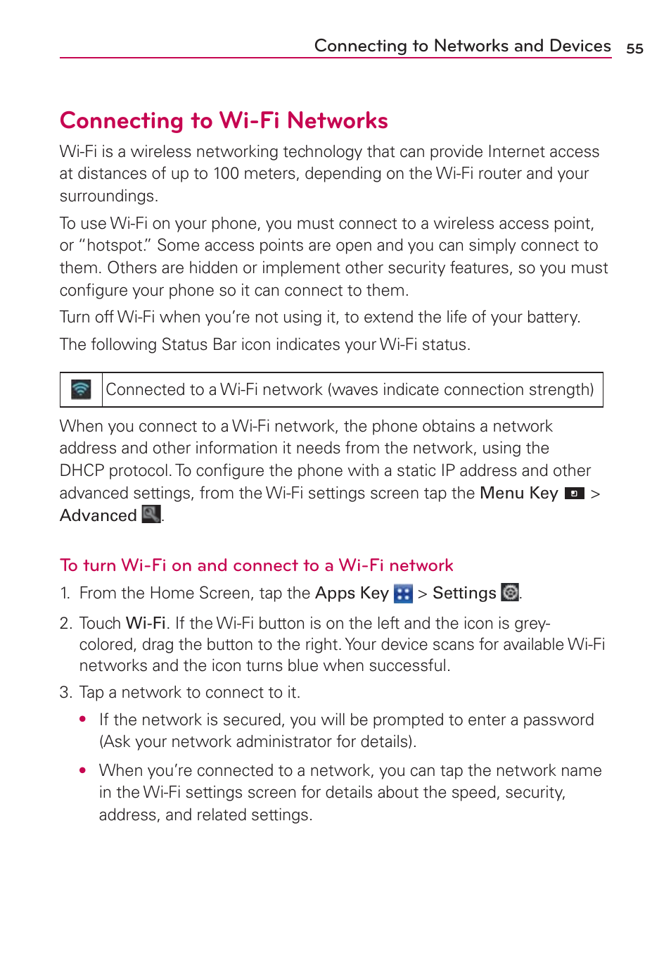 Connecting to wi-fi networks | LG VS840 User Manual | Page 57 / 222