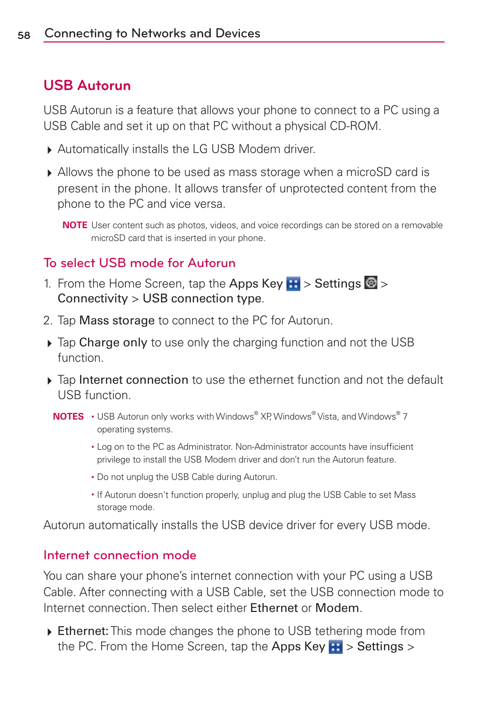 Usb autorun, Connecting to networks and devices, Internet connection mode | LG VS840 User Manual | Page 60 / 222