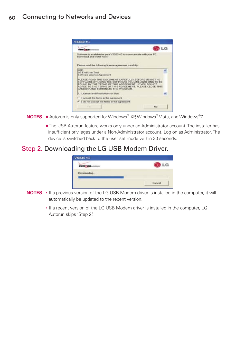 Connecting to networks and devices, Step 2. downloading the lg usb modem driver | LG VS840 User Manual | Page 62 / 222